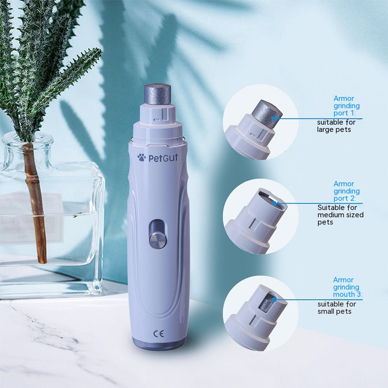 Pet nail grinder with interchangeable heads on a light blue background